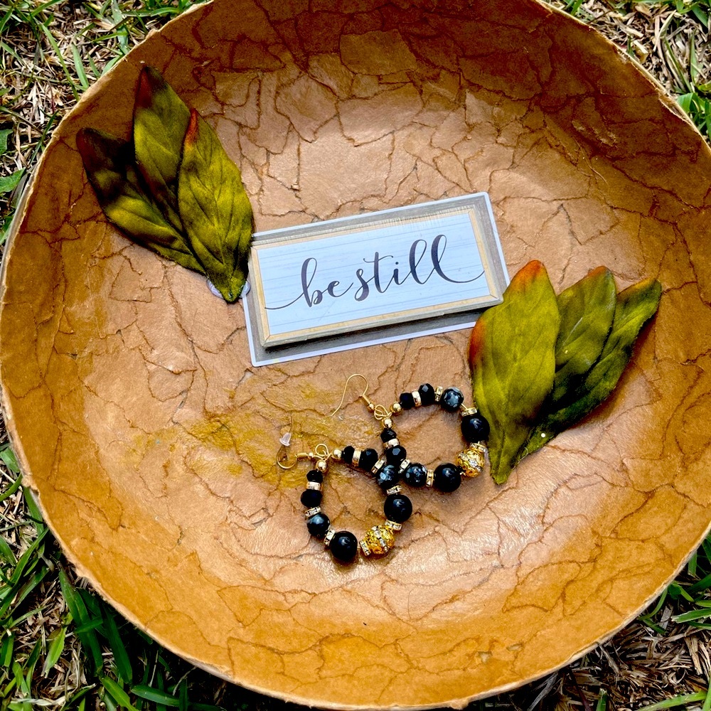 Black Beaded Handmade Hoop Earrings
